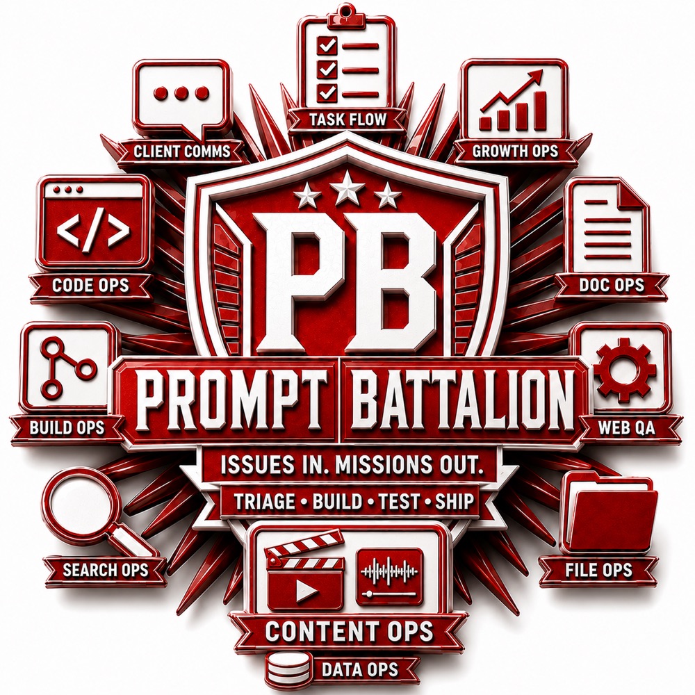 Prompt Battalion operations emblem showing mission divisions: Content Ops, Code Ops, Data Ops, Web QA, Doc Ops, File Ops, Build Ops, Search Ops, Client Comms, Task Flow, Growth Ops